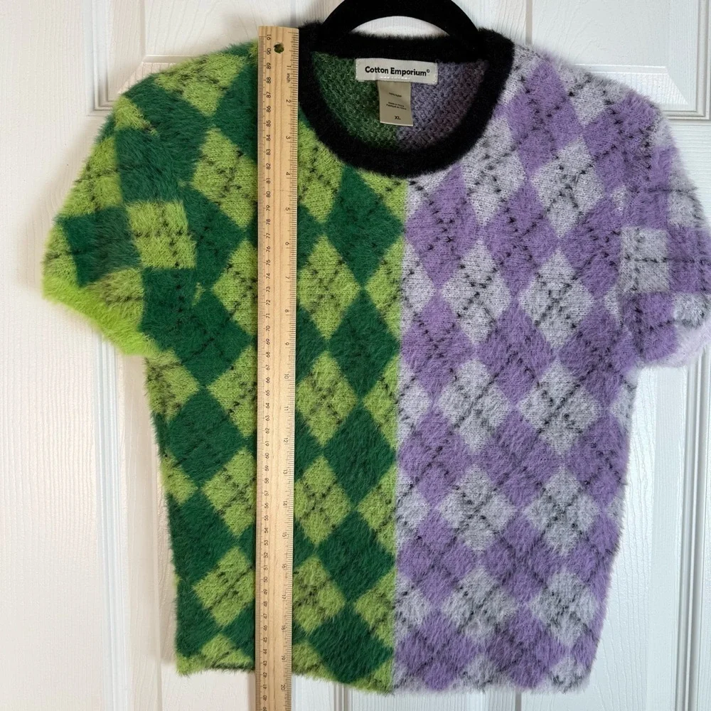 Cotton Emporium Kids Fuzzy Argyle Green and Purple Crewneck Sweater